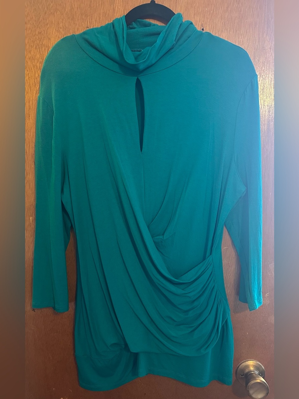New York & Company Teal Turtleneck Draped Ruched Long-Sleeve Top - Picture 3 of 12